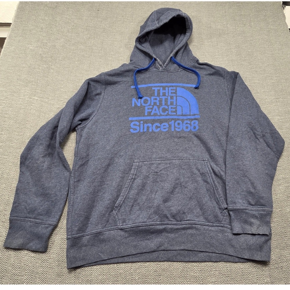 The North Face Mens XL Heather Navy Blue Graphic Logo Pullover Hoodie Since 1968